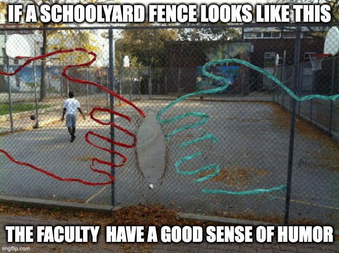 School Yard Goatse Fence | IF A SCHOOLYARD FENCE LOOKS LIKE THIS; THE FACULTY  HAVE A GOOD SENSE OF HUMOR | image tagged in school,memes | made w/ Imgflip meme maker