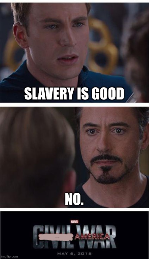 a nutshell | SLAVERY IS GOOD; NO. | image tagged in memes,marvel civil war 1 | made w/ Imgflip meme maker