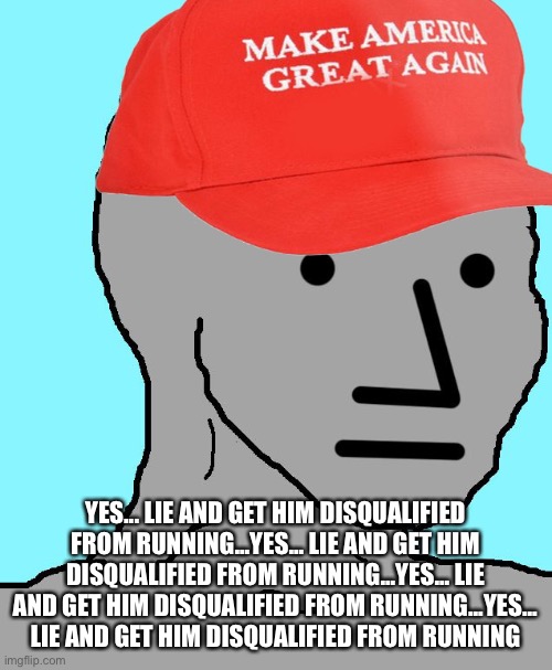 MAGA NPC | YES... LIE AND GET HIM DISQUALIFIED FROM RUNNING...YES... LIE AND GET HIM DISQUALIFIED FROM RUNNING...YES... LIE AND GET HIM DISQUALIFIED FR | image tagged in maga npc | made w/ Imgflip meme maker