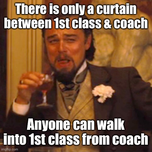 Laughing Leo Meme | There is only a curtain between 1st class & coach Anyone can walk into 1st class from coach | image tagged in memes,laughing leo | made w/ Imgflip meme maker