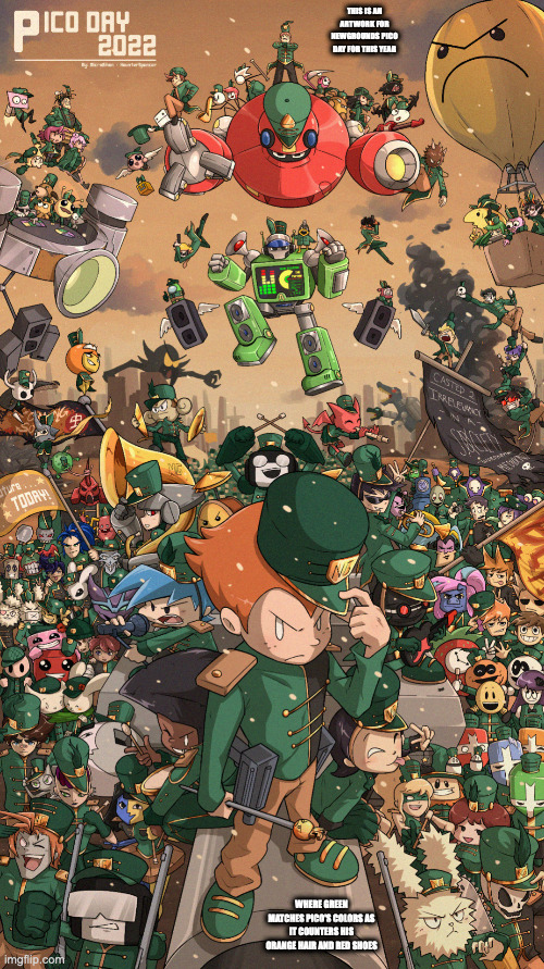 Pico Day Marching Band | THIS IS AN ARTWORK FOR NEWGROUNDS PICO DAY FOR THIS YEAR; WHERE GREEN MATCHES PICO'S COLORS AS IT COUNTERS HIS ORANGE HAIR AND RED SHOES | image tagged in pico,newgrounds,memes | made w/ Imgflip meme maker
