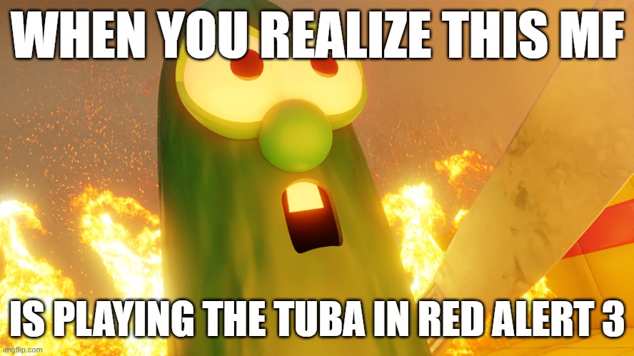 Evil Larry | WHEN YOU REALIZE THIS MF; IS PLAYING THE TUBA IN RED ALERT 3 | image tagged in evil larry | made w/ Imgflip meme maker