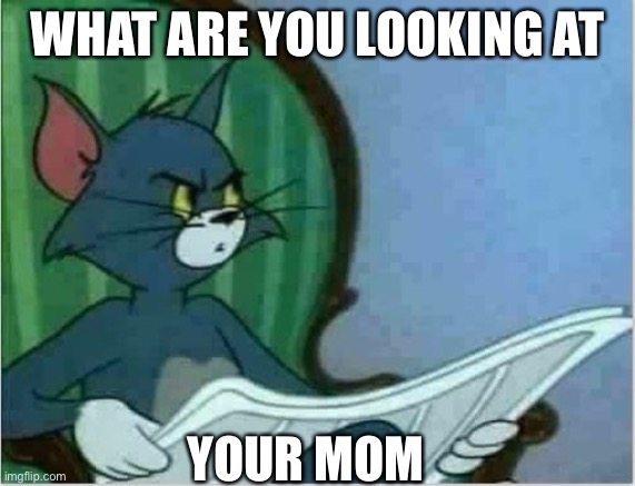 Interrupting Tom's Read | WHAT ARE YOU LOOKING AT; YOUR MOM | image tagged in interrupting tom's read | made w/ Imgflip meme maker