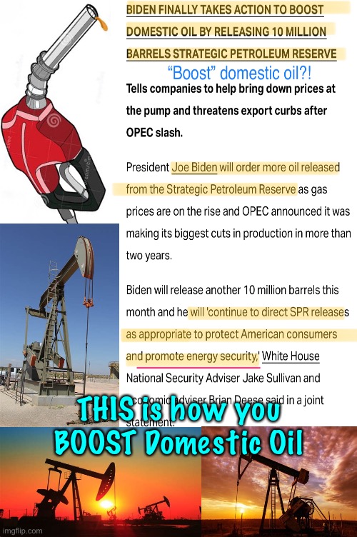 “Promote Energy Security” by Plundering our RESERVES?  You Dems, & your Bizarro-World-Speak | THIS is how you
BOOST Domestic Oil | image tagged in memes,using all of our backup supplies,backup means just in case,upside down world dems can kissmyass,fjb voters | made w/ Imgflip meme maker