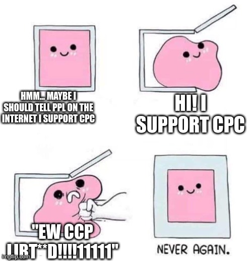 Never again | HMM... MAYBE I SHOULD TELL PPL ON THE INTERNET I SUPPORT CPC; HI! I SUPPORT CPC; "EW CCP LIBT**D!!!!11111" | image tagged in never again | made w/ Imgflip meme maker