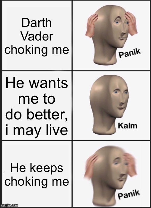 From the pov of an unfortunate Empire guy | Darth Vader choking me; He wants me to do better, i may live; He keeps choking me | image tagged in memes,panik kalm panik | made w/ Imgflip meme maker