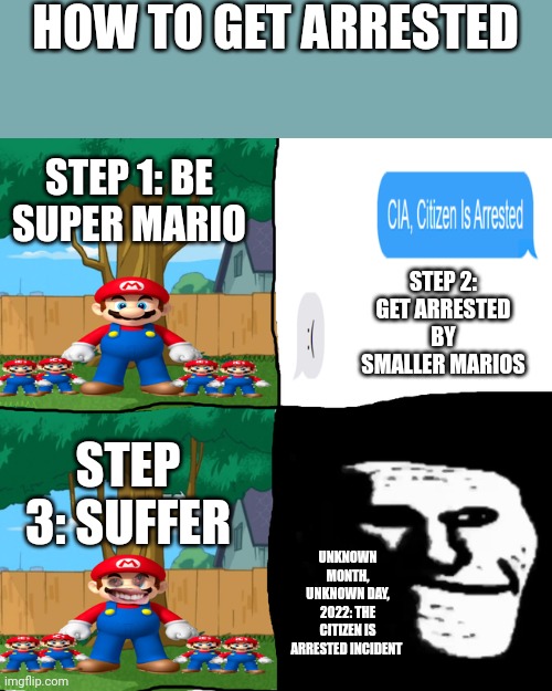 Saw this on r/thomastheplankengine so I made a meme on it | HOW TO GET ARRESTED; STEP 1: BE SUPER MARIO; STEP 2: GET ARRESTED BY SMALLER MARIOS; STEP 3: SUFFER; UNKNOWN MONTH, UNKNOWN DAY, 2022: THE CITIZEN IS ARRESTED INCIDENT | image tagged in mario,arrested,trollface,trollge | made w/ Imgflip meme maker