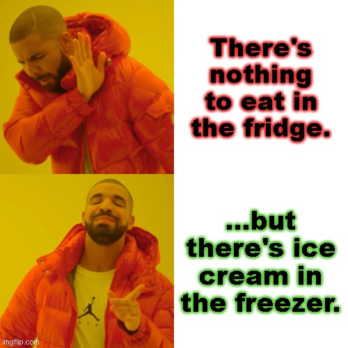 Will Twerk for Food | There's nothing to eat in the fridge. ...but there's ice cream in the freezer. | image tagged in memes,drake hotline bling | made w/ Imgflip meme maker
