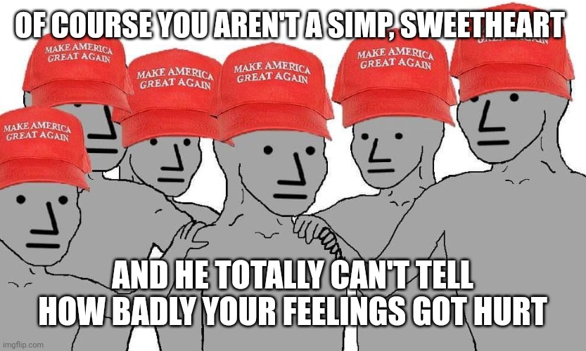 MAGA NPC | OF COURSE YOU AREN'T A SIMP, SWEETHEART AND HE TOTALLY CAN'T TELL HOW BADLY YOUR FEELINGS GOT HURT | image tagged in maga npc | made w/ Imgflip meme maker