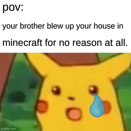 Surprised Pikachu Meme | pov:; your brother blew up your house in; minecraft for no reason at all. | image tagged in memes,surprised pikachu | made w/ Imgflip meme maker