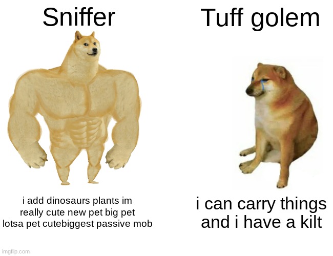 Buff Doge vs. Cheems | Sniffer; Tuff golem; i add dinosaurs plants im really cute new pet big pet lotsa pet cutebiggest passive mob; i can carry things and i have a kilt | image tagged in memes,buff doge vs cheems | made w/ Imgflip meme maker