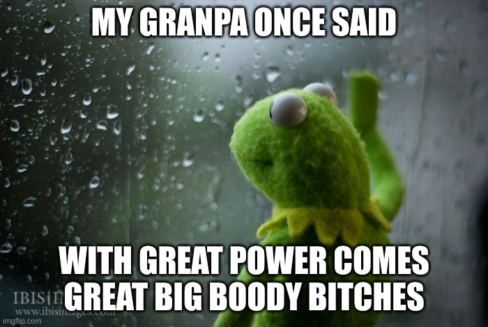 kermit window | MY GRANPA ONCE SAID; WITH GREAT POWER COMES GREAT BIG BOODY BITCHES | image tagged in kermit window | made w/ Imgflip meme maker