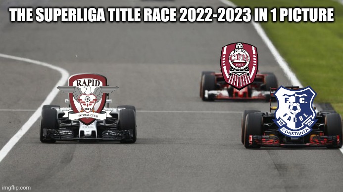 Romanian SuperLiga Race for the title meme | THE SUPERLIGA TITLE RACE 2022-2023 IN 1 PICTURE | image tagged in cfr cluj,romania,futbol,memes | made w/ Imgflip meme maker