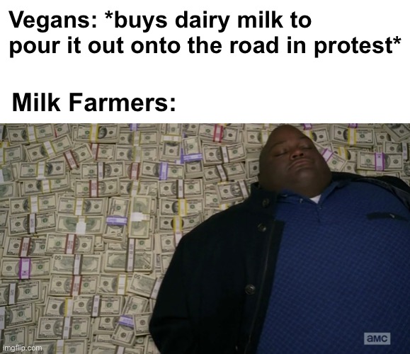 Hold up, wait a minute | Vegans: *buys dairy milk to pour it out onto the road in protest*; Milk Farmers: | image tagged in guy sleeping on pile of money,memes,unfunny | made w/ Imgflip meme maker