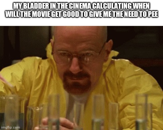 Walter White Cooking | MY BLADDER IN THE CINEMA CALCULATING WHEN WILL THE MOVIE GET GOOD TO GIVE ME THE NEED TO PEE | image tagged in walter white cooking | made w/ Imgflip meme maker