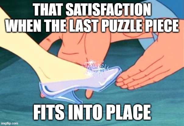 Satisfaction alright | THAT SATISFACTION WHEN THE LAST PUZZLE PIECE; FITS INTO PLACE | image tagged in cinderella shoe fits | made w/ Imgflip meme maker