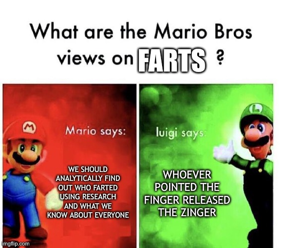 Mario vs Luigi | FARTS; WE SHOULD ANALYTICALLY FIND OUT WHO FARTED USING RESEARCH AND WHAT WE KNOW ABOUT EVERYONE; WHOEVER POINTED THE FINGER RELEASED THE ZINGER | image tagged in mario bros views,memes,funny,farts | made w/ Imgflip meme maker
