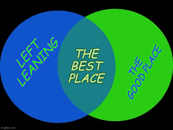 Venn Comparison | LEFT LEANING THE GOOD PLACE THE
BEST
PLACE | image tagged in venn comparison | made w/ Imgflip meme maker