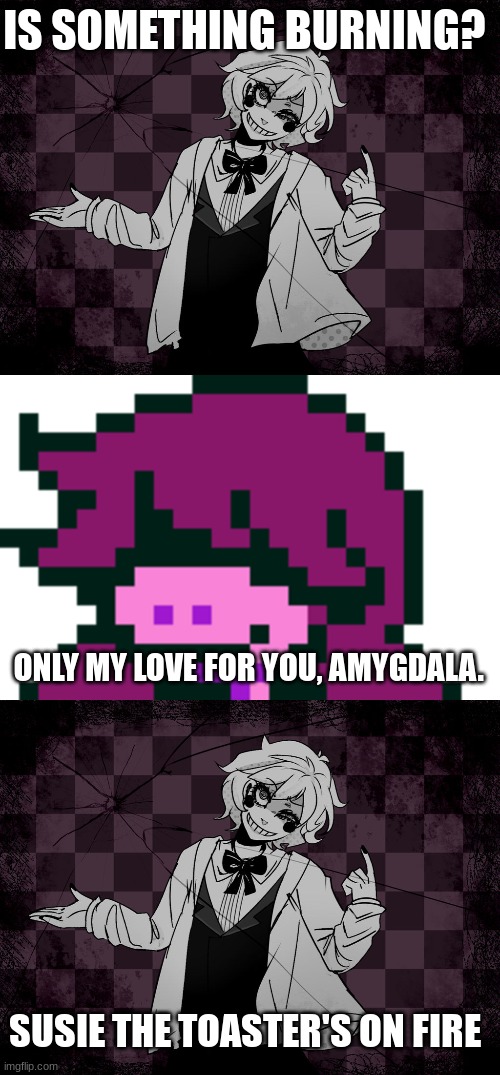 incorrect quote generator wtf | IS SOMETHING BURNING? ONLY MY LOVE FOR YOU, AMYGDALA. SUSIE THE TOASTER'S ON FIRE | image tagged in susie face | made w/ Imgflip meme maker
