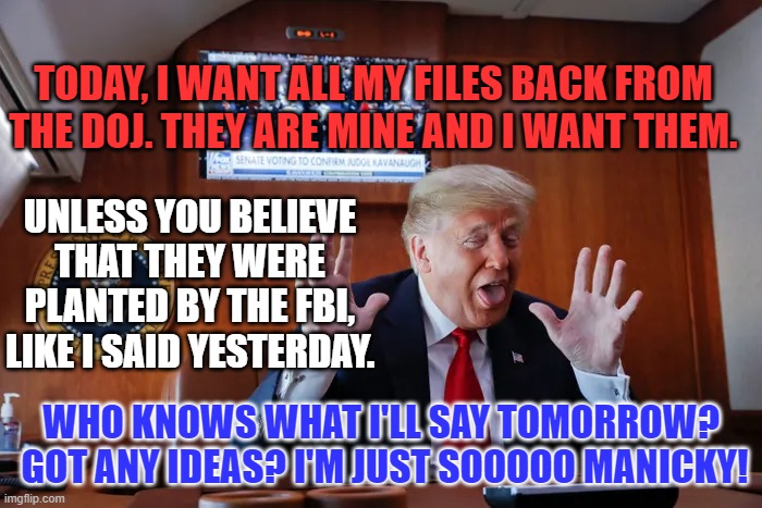 Like a malevolent Sheridan Whiteside he came to dinner and will never leave. | TODAY, I WANT ALL MY FILES BACK FROM THE DOJ. THEY ARE MINE AND I WANT THEM. UNLESS YOU BELIEVE THAT THEY WERE PLANTED BY THE FBI, LIKE I SAID YESTERDAY. WHO KNOWS WHAT I'LL SAY TOMORROW?  GOT ANY IDEAS? I'M JUST SOOOOO MANICKY! | image tagged in politics | made w/ Imgflip meme maker