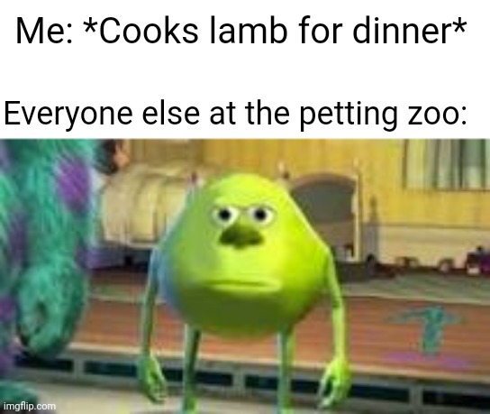 Yum Yum |  Me: *Cooks lamb for dinner*; Everyone else at the petting zoo: | image tagged in mike w,mike wazowski,animals,cooking,animal,animal meme | made w/ Imgflip meme maker