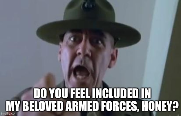 Full metal jacket | DO YOU FEEL INCLUDED IN MY BELOVED ARMED FORCES, HONEY? | image tagged in full metal jacket | made w/ Imgflip meme maker