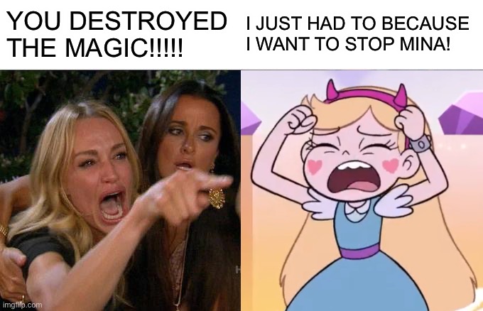 Genocide Accusers Arguing With Star be like: | YOU DESTROYED THE MAGIC!!!!! I JUST HAD TO BECAUSE I WANT TO STOP MINA! | image tagged in memes,woman yelling at cat,svtfoe,star vs the forces of evil,argument,star butterfly | made w/ Imgflip meme maker