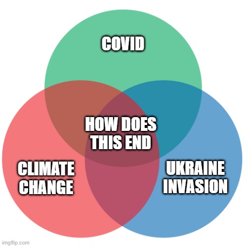 Always the same question. |  COVID; HOW DOES THIS END; CLIMATE CHANGE; UKRAINE
INVASION | image tagged in colored 3-circle venn diagram,covid-19,ukraine,russia,climate change | made w/ Imgflip meme maker