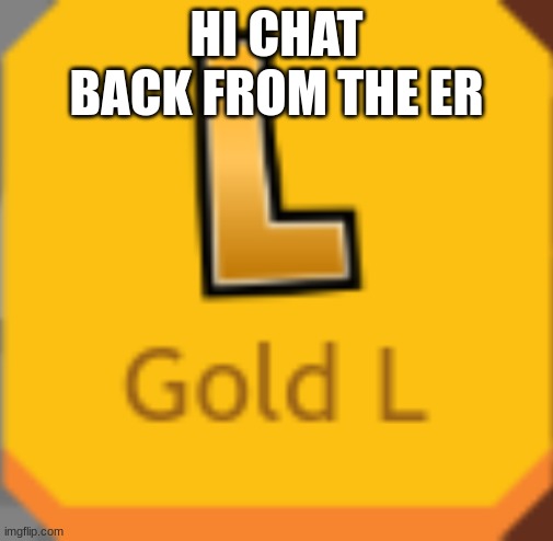 Gold L | HI CHAT
BACK FROM THE ER | image tagged in gold l | made w/ Imgflip meme maker