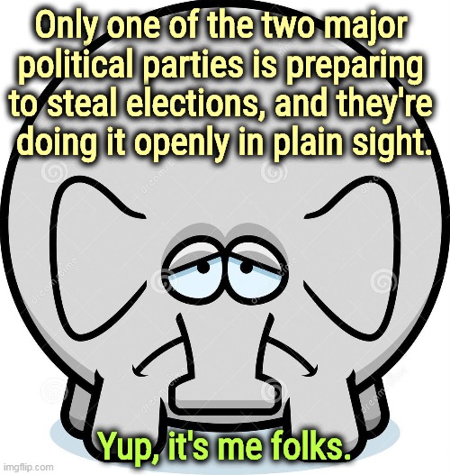 Only one of the two major 
political parties is preparing 

to steal elections, and they're 
doing it openly in plain sight. Yup, it's me folks. | image tagged in republicans,elections,cheat,rigged elections,steal | made w/ Imgflip meme maker