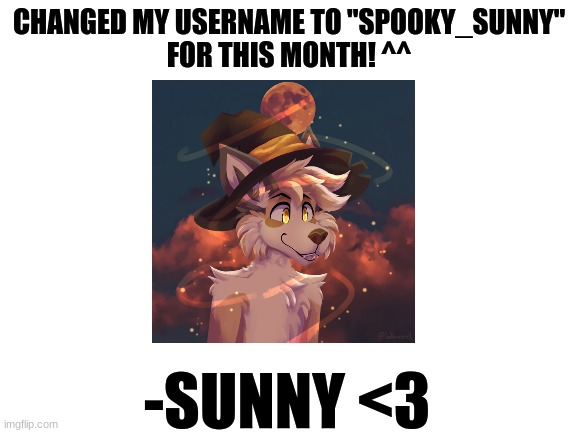 Just lettin ya know! (Art is by ludhound on twitter) | CHANGED MY USERNAME TO "SPOOKY_SUNNY"
FOR THIS MONTH! ^^; -SUNNY <3 | image tagged in blank white template,furry,furry fandom,username change | made w/ Imgflip meme maker