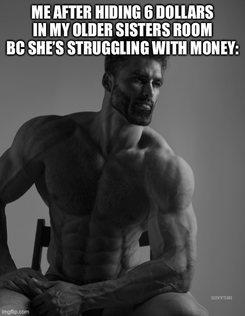 What would you do if your sibling was struggling? | ME AFTER HIDING 6 DOLLARS IN MY OLDER SISTERS ROOM BC SHE’S STRUGGLING WITH MONEY: | image tagged in giga chad | made w/ Imgflip meme maker