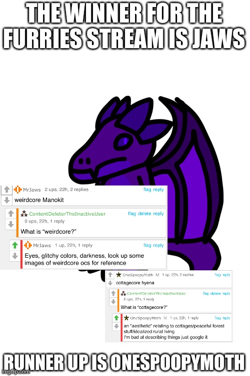 Congratulations to the furries stream winners and contestants for participating | THE WINNER FOR THE FURRIES STREAM IS JAWS; RUNNER UP IS ONESPOOPYMOTH | made w/ Imgflip meme maker