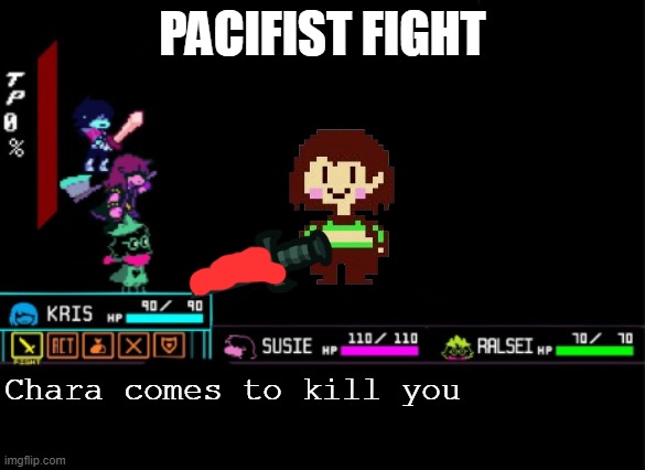 Blank Deltarune Battle | PACIFIST FIGHT; Chara comes to kill you | image tagged in blank deltarune battle | made w/ Imgflip meme maker