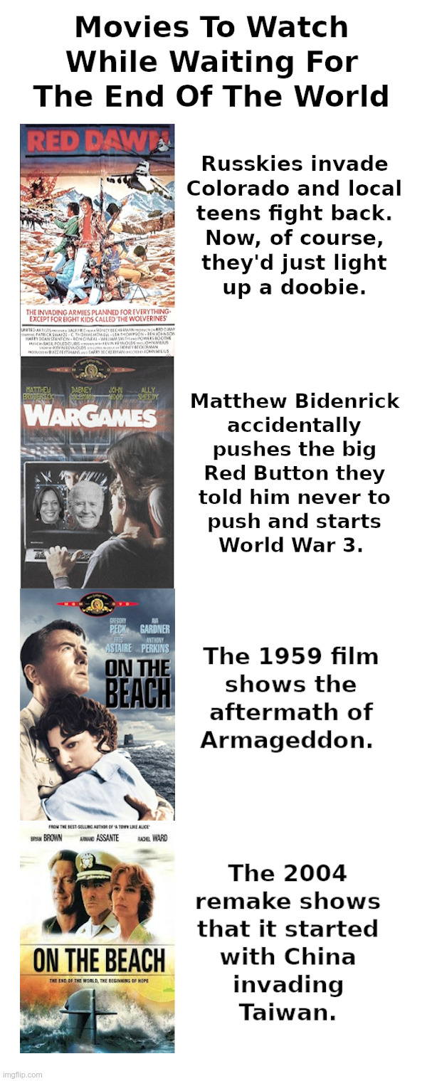 Movies To Watch While Waiting For The End Of The World | image tagged in joe biden,ukraine,russia,taiwan,china,armageddon | made w/ Imgflip meme maker
