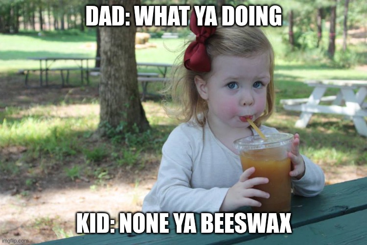 None ya beeswax | DAD: WHAT YA DOING; KID: NONE YA BEESWAX | image tagged in lol | made w/ Imgflip meme maker