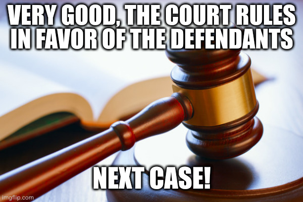 gavel | VERY GOOD, THE COURT RULES
IN FAVOR OF THE DEFENDANTS NEXT CASE! | image tagged in gavel | made w/ Imgflip meme maker