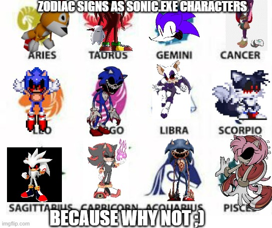 Zodiac Signs | ZODIAC SIGNS AS SONIC.EXE CHARACTERS; BECAUSE WHY NOT ;) | image tagged in zodiac signs | made w/ Imgflip meme maker