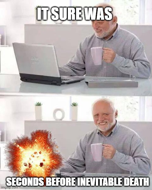 IT SURE WAS SECONDS BEFORE INEVITABLE DEATH | image tagged in memes,hide the pain harold | made w/ Imgflip meme maker
