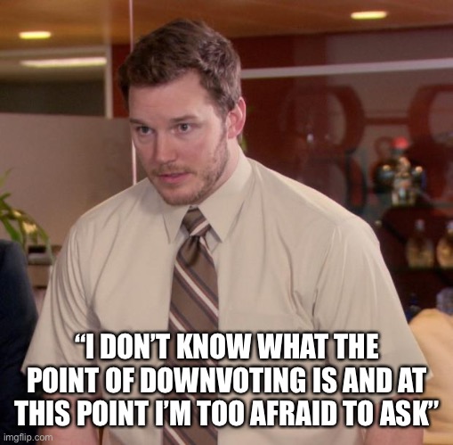 Downvoting |  “I DON’T KNOW WHAT THE POINT OF DOWNVOTING IS AND AT THIS POINT I’M TOO AFRAID TO ASK” | image tagged in afraid to ask andy,downvote,parks and rec,question,andy dwyer | made w/ Imgflip meme maker