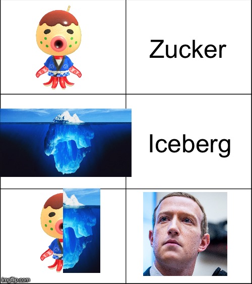 i was playing ac when i thought of this | Zucker; Iceberg | image tagged in 6 panel,animal crossing,mark zuckerberg | made w/ Imgflip meme maker