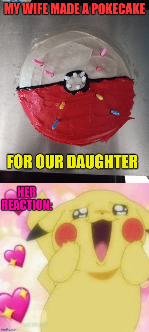SHE GOT SOME STUFFED POKEMON TOO | MY WIFE MADE A POKECAKE; FOR OUR DAUGHTER; HER REACTION: | image tagged in pokemon,cake,pokeball,pikachu,nintendo,happy birthday | made w/ Imgflip meme maker