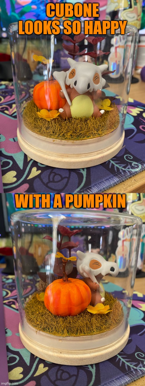 CUBONE IN A JAR | CUBONE LOOKS SO HAPPY; WITH A PUMPKIN | image tagged in cubone,pokemon,nintendo,pokemon memes,pumpkin | made w/ Imgflip meme maker