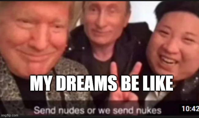 Im crazy | MY DREAMS BE LIKE | image tagged in nukes | made w/ Imgflip meme maker