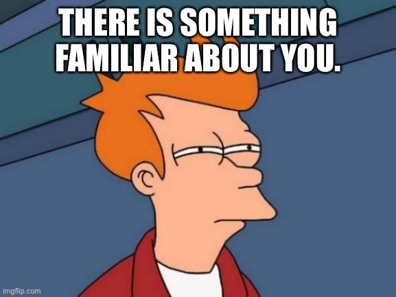 Futurama Fry Meme | THERE IS SOMETHING FAMILIAR ABOUT YOU. | image tagged in memes,futurama fry | made w/ Imgflip meme maker