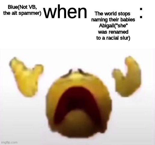 User When Offended: | The world stops 
naming their babies
Abigail("she" was renamed to a racial slur); Blue(Not VB, the alt spammer) | image tagged in user when offended | made w/ Imgflip meme maker