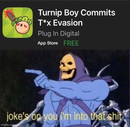 TAX EVASION | image tagged in jokes on you im into that shit,mobile games,memes,skeletor,turnip,taxes | made w/ Imgflip meme maker