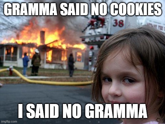 Disaster Girl Meme | GRAMMA SAID NO COOKIES; I SAID NO GRAMMA | image tagged in memes,disaster girl | made w/ Imgflip meme maker