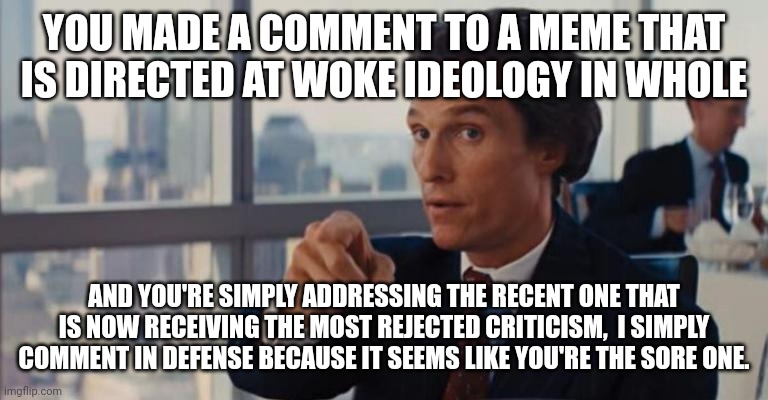 YOU MADE A COMMENT TO A MEME THAT IS DIRECTED AT WOKE IDEOLOGY IN WHOLE AND YOU'RE SIMPLY ADDRESSING THE RECENT ONE THAT IS NOW RECEIVING TH | made w/ Imgflip meme maker