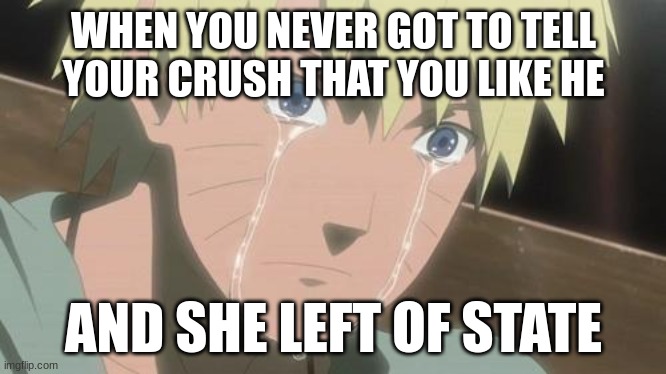sad | WHEN YOU NEVER GOT TO TELL YOUR CRUSH THAT YOU LIKE HE; AND SHE LEFT OF STATE | image tagged in finishing anime,change my mind | made w/ Imgflip meme maker